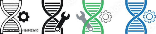 DNA engineering and biotechnology process icon set vector illustration featuring double helix symbols with gear and wrench tools for genetic research, bioengineering, and scientific innovation design