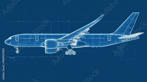 Blueprint of an airplane showcasing technical design and engineering details.