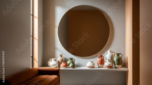 Elegant interior with colorful vases on console table