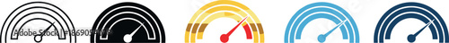 Speedometer and performance gauge icon set vector illustration featuring meter dashboards with indicators for speed, progress, analytics, monitoring, and system performance measurement design
