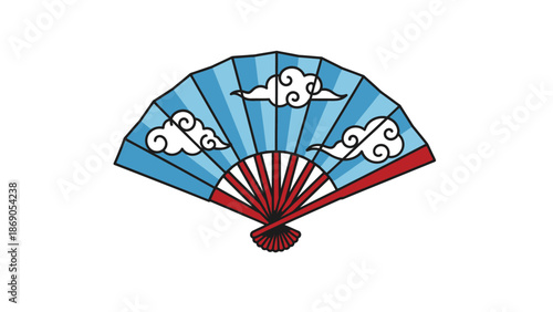 Traditional Asian Handheld Folding Fan with Cloud Design.