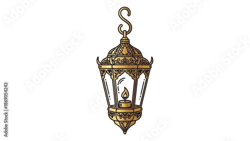 Ornate golden lantern with intricate designs and hanging hook.