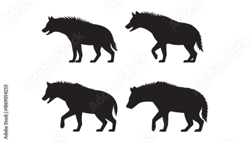 black color Hyena set of silhouette vector illustration, solid white background