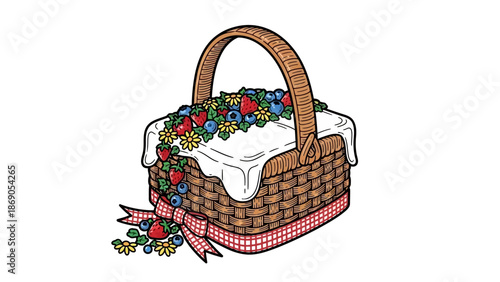 A wicker picnic basket adorned with flowers and ribbon.