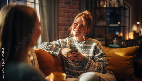 Two women share a warm conversation on a cozy sofa at home