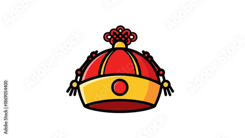 Red and gold crown illustration with decorative elements.