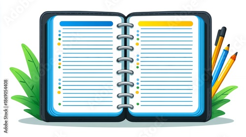 Open Digital Notebook With Yellow And Blue Pages And Writing Supplies
