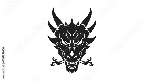 Black and white illustration of a stylized demon or monster head with horns and sharp teeth.