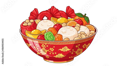 Traditional Chinese New Year fruit and dumplings in decorative bowl.