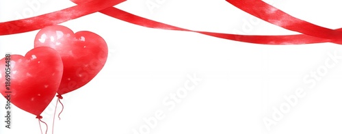 Two Red Watercolor Heart Balloons with Red Ribbon Decoration Isolated on White Background