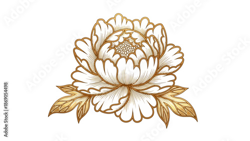Beautiful golden peony flower illustration on white background.