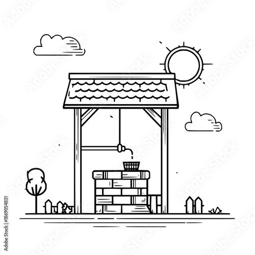 Water well drawing vector illustration outline style landscape with sun clouds and tree line art design 100