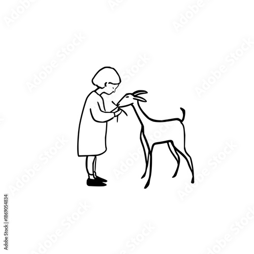 Line art drawing of girl feeding goat simple black and white illustration minimalist farm animal pet livestock rural scene