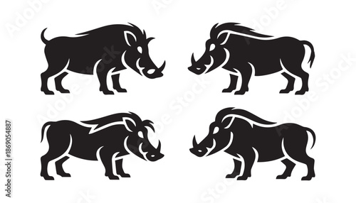 black color Warthog set of silhouette vector illustration, solid white background