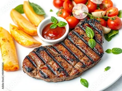 Grilled steak with potato wedges and fresh salad