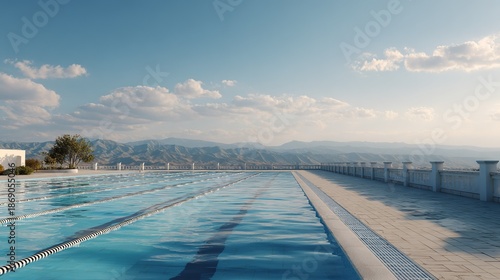 An Olympic sized swimming pool with lanes stretches towards a scenic mountain range under a cloudy blue sky