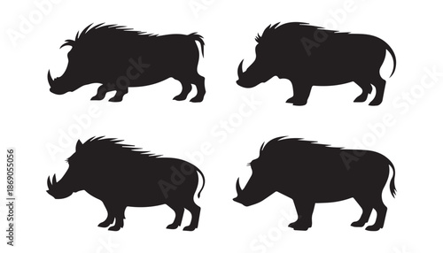 black color Warthog set of silhouette vector illustration, solid white background