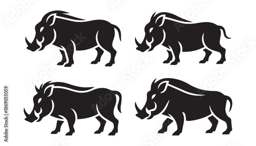 black color Warthog set of silhouette vector illustration, solid white background