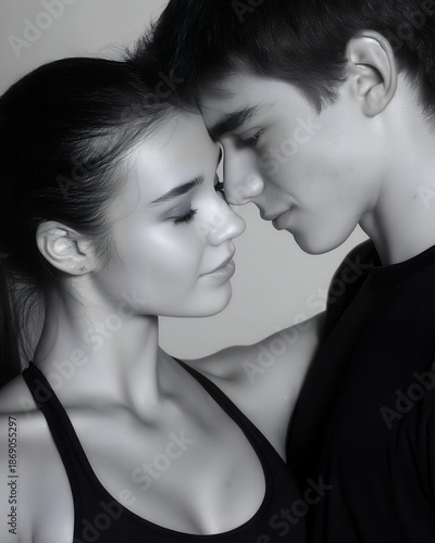 Couple Covered In Glitter Touching Foreheads Together In Studio Portrait