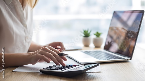 Womans hands using a calculator on a wooden desk next to an open laptop and small plants