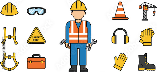 Construction worker character with personal protective equipment icons, industrial safety tools, building site gear, and PPE clothing set isolated