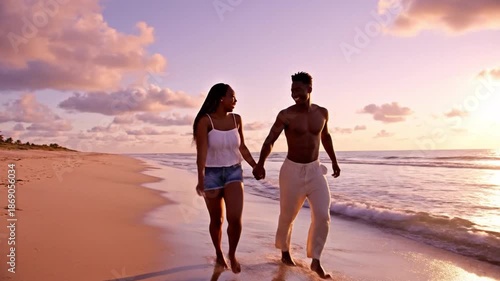 Romantic Beach Stroll: A couple strolls along a beach. the sky's soft hues adding a touch of enchantment and tranquility to the scenery.