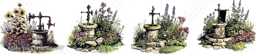 Quaint Garden Fountain Display: An artistic array of miniature garden fountain scenes, each showcasing intricate stone work, vibrant plants, and an aura of tranquility and charm.