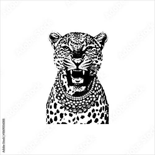 Roaring Leopard Portrait With Beaded Necklace