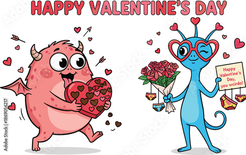 Valentine's Day cartoon pink creature and blue alien, chocolates and roses, playful love celebration, humorous festive design