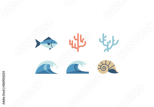 Up 21.epsMarine Life Icons - Fish, Coral, Waves, and Seashells.