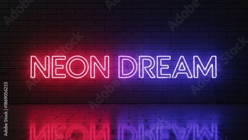 Illuminated neon signage creates an abstract technology background for an internet marketing concept featuring digital numbers and business success text in a black night shop illustration