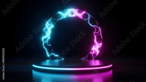 Floating circular platform with electric blue and magenta neon underglow on glossy black floor, holographic ring backdrop,  mockup
