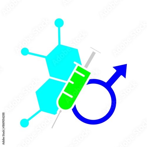 Injection and Male Symbol Line Icon Outline icon of a syringe combined with male symbol and molecular structure, representing male health, hormone therapy, medical treatment, and biotechnology.
