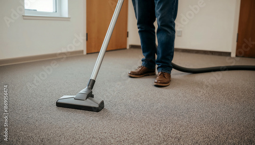 Professional carpet cleaning service janitor using vacuum cleaner