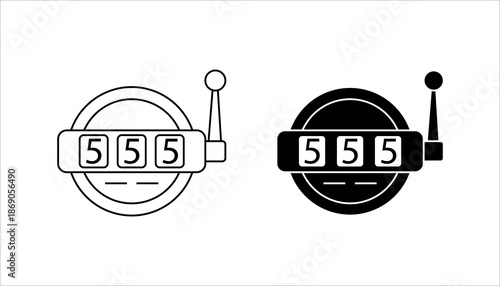 Slot Machine 777 Line Icon Minimal outline icon of a slot machine showing 777 symbols, representing casino, gambling, jackpot, luck, and winning concept. Isolated on white background.