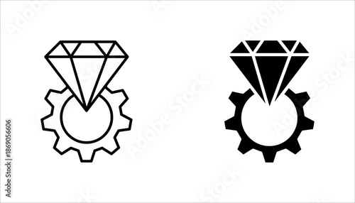 Diamond Gear Line Icon Minimal line icon of a diamond on a gear, symbolizing luxury industry, quality, engineering, production, and premium technology concept.