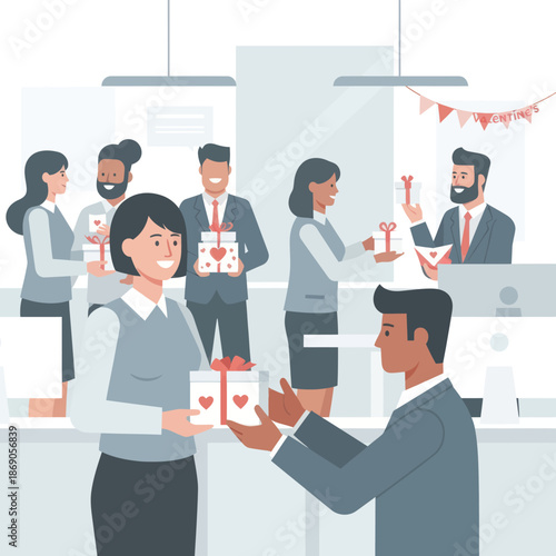 Colleagues exchanging gifts in a modern office setting.
