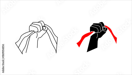 Hand Holding Cloth Icon set. Line Style Hand holding cloth  in clean outline style, representing cleaning, wiping, hygiene, housekeeping, and maintenance activities. Isolated on white background.