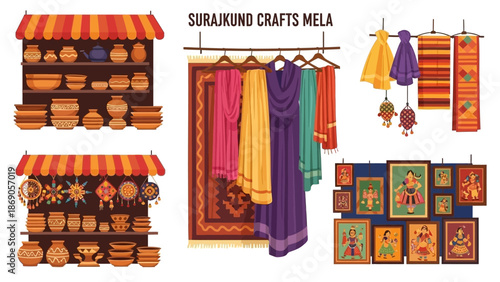 Vector illustration of vibrant stalls and crafts on display at Surajkund Crafts Mela in India, showcasing traditional clothing and handmade items.