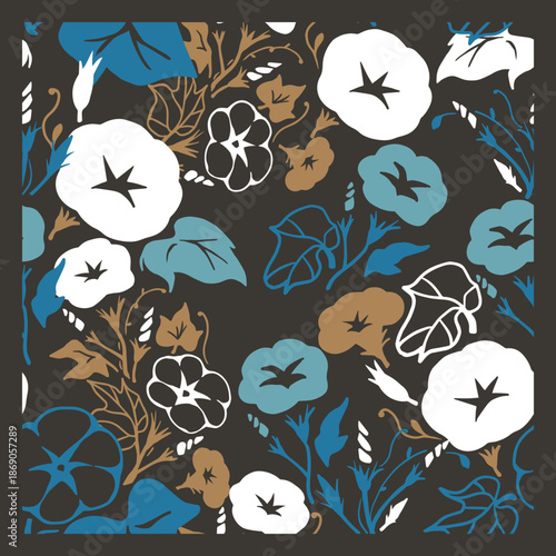 Dark Floral with Morning Glory Flowers and Leaves Pattern. Ideal for spring designs, fabric prints, stationery, packaging, wallpapers, and floral themed products