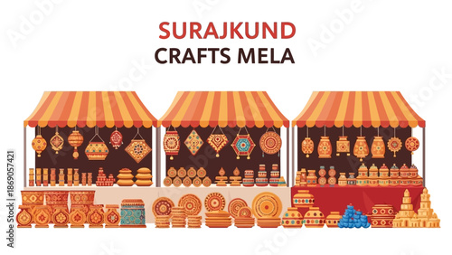 Vector illustration of vibrant Surajkund Crafts Mela stalls showcasing colorful Indian handicrafts against a clean white background with a lively and festive mood.