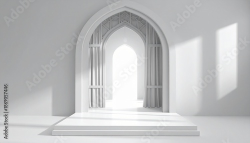 A minimal three-dimensional interior scene with a grey architectural backdrop inspired by Islamic and Arabesque design.