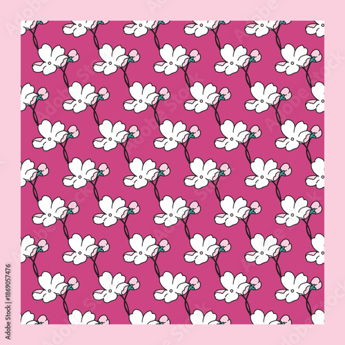 Pink Background Delicate Peach Blossom Pattern. Ideal for spring designs, fabric prints, stationery, packaging, wallpapers, and floral themed products.