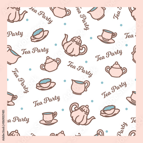 Cute Tea Party Pattern Featuring Pastel Tea ware. Charming and simple illustration for textile patterns, kitchen decor, cafe branding, and packaging design