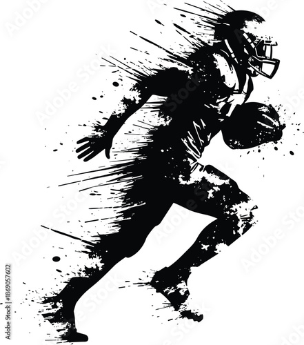 American football player silhouette running with ball dynamic splatter style illustration for sports branding poster apparel design marketing print media artwork