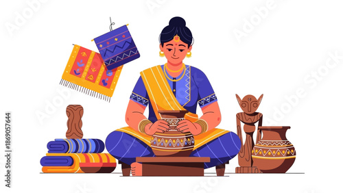 A traditional Indian woman sits cross-legged on a wooden stool, surrounded by colorful fabrics and crafts at Surajkund Mela, with a serene expression.