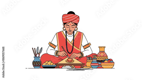Illustration of a traditional Indian craftsman sitting cross-legged at Surajkund Mela, creating intricate crafts with various tools and colorful materials around him in a vibrant setting.
