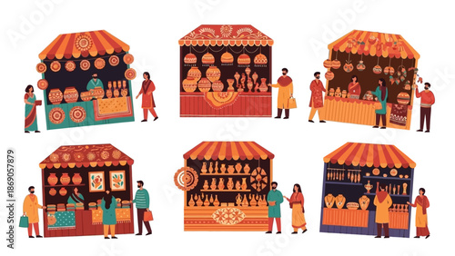 Vector illustration of people visiting stalls at Surajkund Crafts Mela in India, showcasing various handicrafts and local products in a vibrant and festive atmosphere.