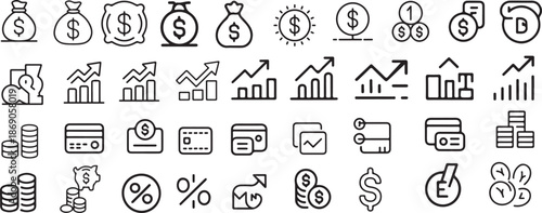 set of different types of Finance Line Icons. line icons, thin stroke, money bag, coins stack, rising arrow, dollar sign, investment growth symbols, clean vector outline, modern business icon set,. 