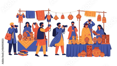 Vector illustration of people shopping and selling traditional Indian crafts at Surajkund Mela, with vibrant orange and blue hues, showcasing various handmade goods and textiles on display.